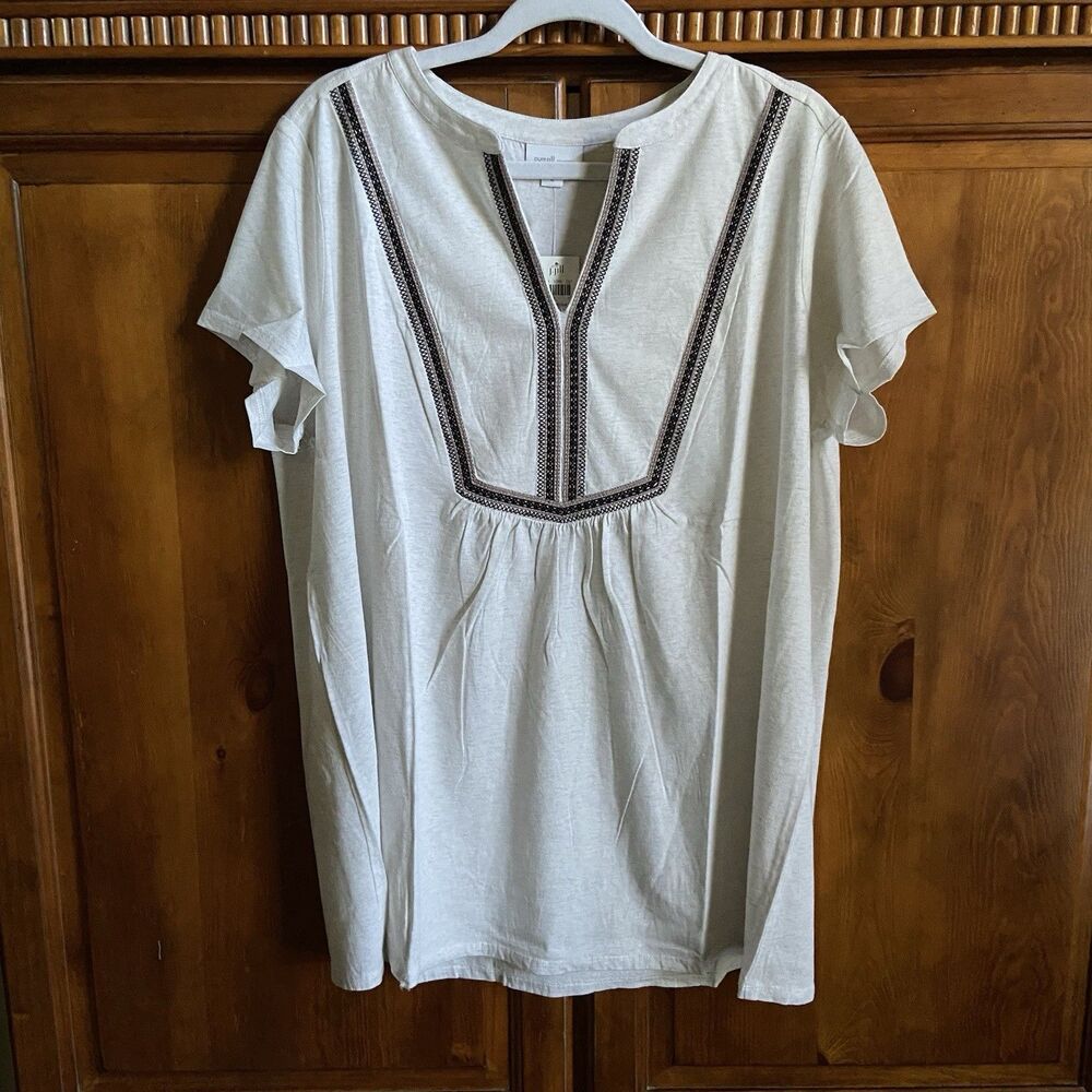 J. Jill Pure Jill Embroidered Split-Neck Knit Top XL White Short Sleeve T-Shirt